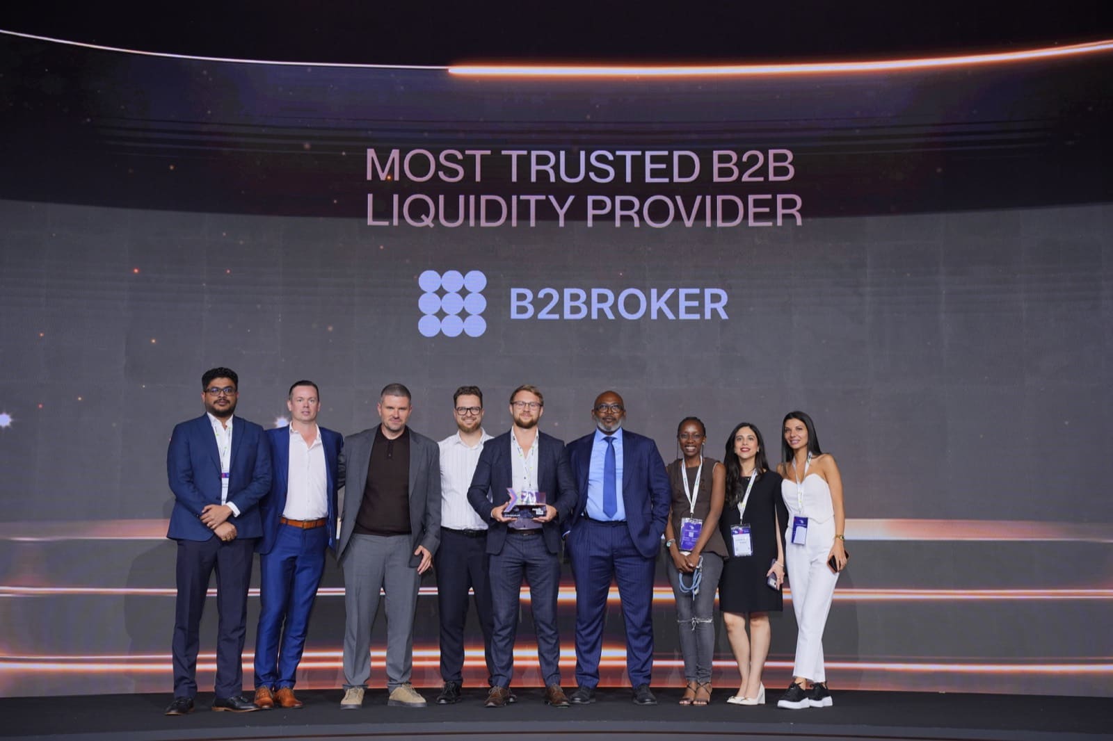 B2BROKER team on stage at Forex Expo Dubai 2026